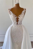 Gorgeous V-neck Sleeveless A-line Wedding Dress With Detachable Train-misshow.com