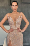 Gorgeous V-neck Sleeveless Long Mermaid Prom Dress With Slit-misshow.com