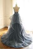 Gorgeous V Neck Spaghetti Straps Dark Blue Prom Dress With Ruffles-misshow.com