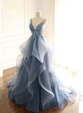 Gorgeous V Neck Spaghetti Straps Dark Blue Prom Dress With Ruffles-misshow.com