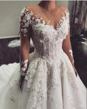 Gorgeous White 3D Floral Lace Wedding Dress Jewel Neck Tulle Aline Bridal Dress with Long Sleeves-misshow.com