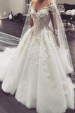 Gorgeous White 3D Floral Lace Wedding Dress Jewel Neck Tulle Aline Bridal Dress with Long Sleeves-misshow.com