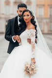 Gorgeous White Long Sleeves Lace Ball Gown Aline Floral Tulle Wedding Dresses-misshow.com