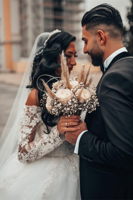 Gorgeous White Long Sleeves Lace Ball Gown Aline Floral Tulle Wedding Dresses-misshow.com