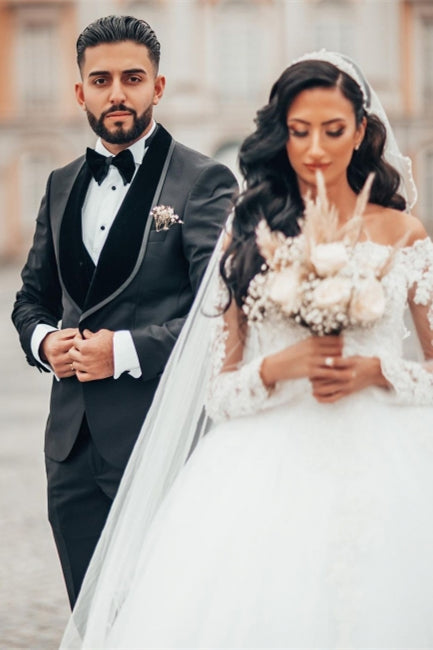 Gorgeous White Long Sleeves Lace Ball Gown Aline Floral Tulle Wedding Dresses-misshow.com