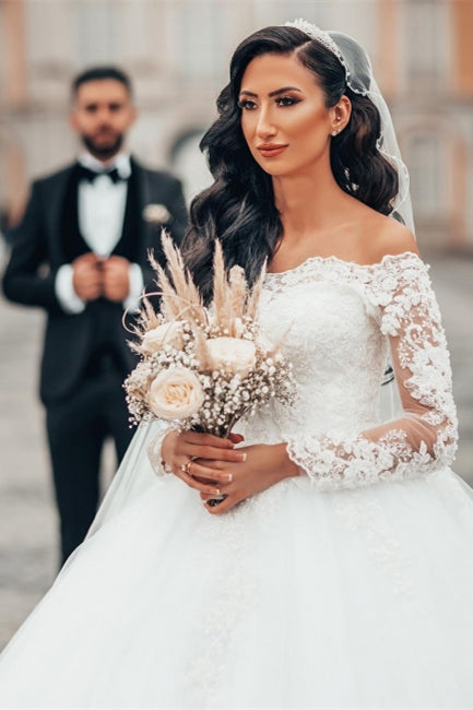Gorgeous White Long Sleeves Lace Ball Gown Aline Floral Tulle Wedding Dresses-misshow.com