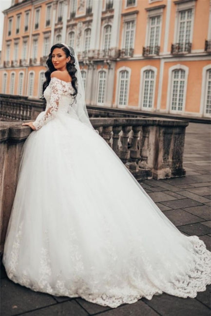 Gorgeous White Long Sleeves Lace Ball Gown Aline Floral Tulle Wedding Dresses-misshow.com