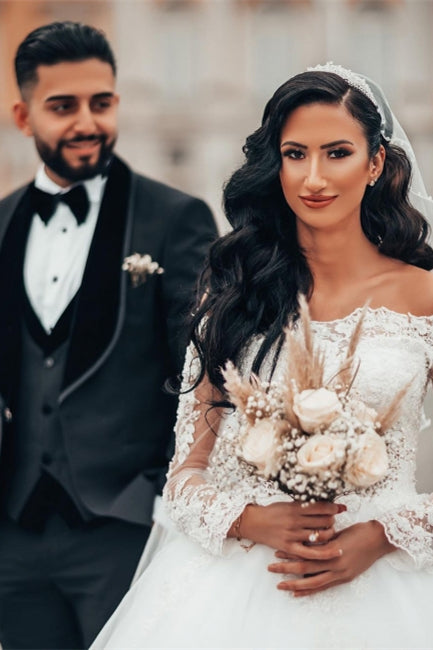 Gorgeous White Long Sleeves Lace Ball Gown Aline Floral Tulle Wedding Dresses-misshow.com