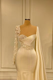 Gorgeous White Sweetheart Long Sleeves Beading Mermaid Prom Dresses-misshow.com