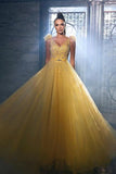 Gorgeous Yellow Sequined Sleeveless Long A-line Prom Dress With Beads-misshow.com