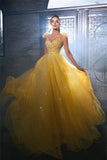 Gorgeous Yellow Sequined Sleeveless Long A-line Prom Dress With Beads
