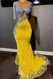 Gorgeous Yellow Tassel Floor Length Long Sleeve Mermaid Prom Dress With Slit-misshow.com