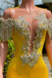 Gorgeous Yellow Tassel Off-The-Shoulder Beading Prom Dress with Ruffles-misshow.com