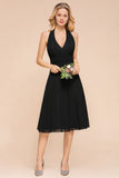 Graceful Black Halter Mini Dress Chiffon Knee Length Dress-misshow.com