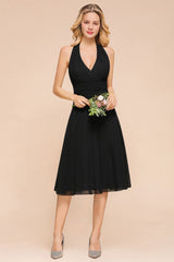 Graceful Black Halter Mini Dress Chiffon Knee Length Dress-misshow.com