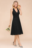 Graceful Black Halter Mini Dress Chiffon Knee Length Dress-misshow.com