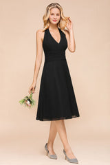 Graceful Black Halter Mini Dress Chiffon Knee Length Dress-misshow.com