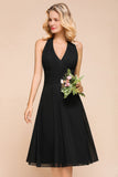 Graceful Black Halter Mini Dress Chiffon Knee Length Dress-misshow.com