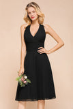 Graceful Black Halter Mini Dress Chiffon Knee Length Dress-misshow.com