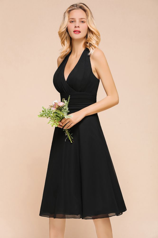 Graceful Black Halter Mini Dress Chiffon Knee Length Dress