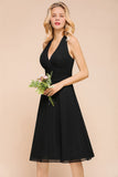 Graceful Black Halter Mini Dress Chiffon Knee Length Dress-misshow.com