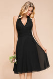 Graceful Black Halter Mini Dress Chiffon Knee Length Dress-misshow.com