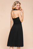 Graceful Black Halter Mini Dress Chiffon Knee Length Dress-misshow.com