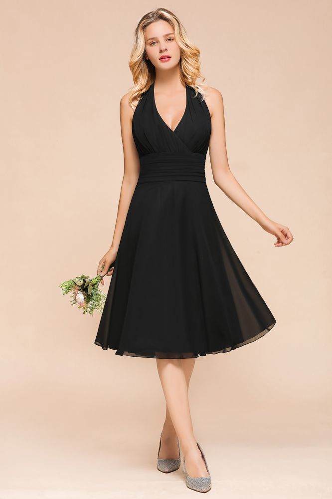Graceful Black Halter Mini Dress Chiffon Knee Length Dress-misshow.com