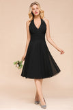 Graceful Black Halter Mini Dress Chiffon Knee Length Dress