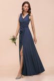 Gray Side Split Bridesmaid Dress V-Neck Sleeveless Floor Length dress for Bride-misshow.com