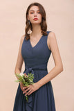 Gray Side Split Bridesmaid Dress V-Neck Sleeveless Floor Length dress for Bride-misshow.com