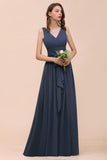 Gray Side Split Bridesmaid Dress V-Neck Sleeveless Floor Length dress for Bride-misshow.com