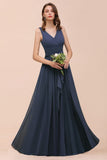 Gray Side Split Bridesmaid Dress V-Neck Sleeveless Floor Length dress for Bride-misshow.com