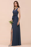 Gray Side Split Bridesmaid Dress V-Neck Sleeveless Floor Length dress for Bride-misshow.com