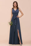 Gray Side Split Bridesmaid Dress V-Neck Sleeveless Floor Length dress for Bride