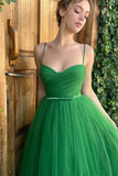 Green Spaghetti Straps A-line Ankle-Length Sleeveless Prom Dress-misshow.com
