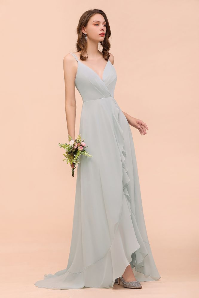 Grey Bridesmaid Dress Spaghetti V-Neck Ruffle Beach Wedding Party Dress-misshow.com