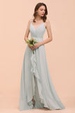 Grey Bridesmaid Dress Spaghetti V-Neck Ruffle Beach Wedding Party Dress-misshow.com