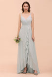 Grey Bridesmaid Dress Spaghetti V-Neck Ruffle Beach Wedding Party Dress
