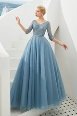 Looking for Prom Dresses,Evening Dresses,Homecoming Dresses,Quinceanera dresses in Tulle, A-line,Ball Gown,Princess style, and Gorgeous Beading,Pearls,Sequined work  MISSHOW has all covered on this elegant Half Sleeve Aline Tulle Evening Maxi Gown Beads V-Neck Prom Dress.