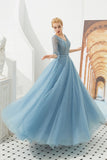 Looking for Prom Dresses,Evening Dresses,Homecoming Dresses,Quinceanera dresses in Tulle, A-line,Ball Gown,Princess style, and Gorgeous Beading,Pearls,Sequined work  MISSHOW has all covered on this elegant Half Sleeve Aline Tulle Evening Maxi Gown Beads V-Neck Prom Dress.