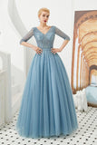 Looking for Prom Dresses,Evening Dresses,Homecoming Dresses,Quinceanera dresses in Tulle, A-line,Ball Gown,Princess style, and Gorgeous Beading,Pearls,Sequined work  MISSHOW has all covered on this elegant Half Sleeve Aline Tulle Evening Maxi Gown Beads V-Neck Prom Dress.