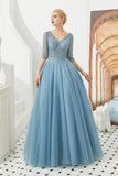 Looking for Prom Dresses,Evening Dresses,Homecoming Dresses,Quinceanera dresses in Tulle, A-line,Ball Gown,Princess style, and Gorgeous Beading,Pearls,Sequined work  MISSHOW has all covered on this elegant Half Sleeve Aline Tulle Evening Maxi Gown Beads V-Neck Prom Dress.