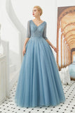 Half Sleeve Aline Tulle Evening Maxi Gown Beads V-Neck Prom Dress