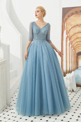 Looking for Prom Dresses,Evening Dresses,Homecoming Dresses,Quinceanera dresses in Tulle, A-line,Ball Gown,Princess style, and Gorgeous Beading,Pearls,Sequined work  MISSHOW has all covered on this elegant Half Sleeve Aline Tulle Evening Maxi Gown Beads V-Neck Prom Dress.