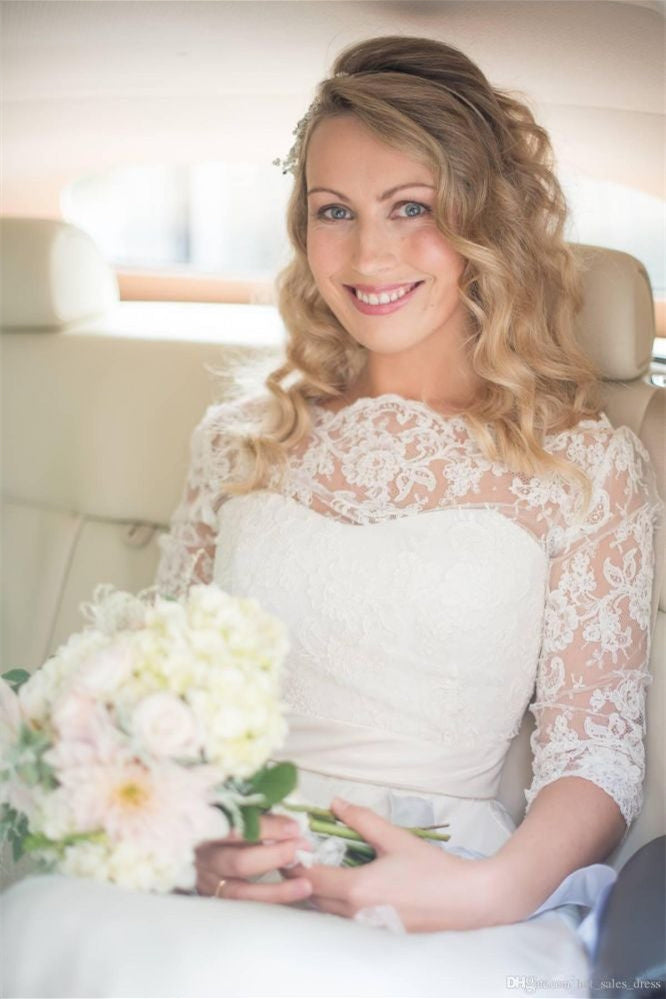 Half Sleeve Lace Wedding Dress Off-the-ShoulderV Back Bohemian Bridal Gown-misshow.com