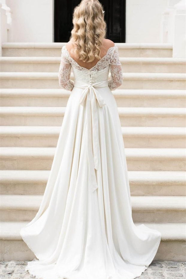 Half Sleeve Lace Wedding Dress Off-the-ShoulderV Back Bohemian Bridal Gown-misshow.com
