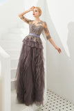 Half Sleeves Floral lace Prom Dress Fur Floor Length Evening Party Dress