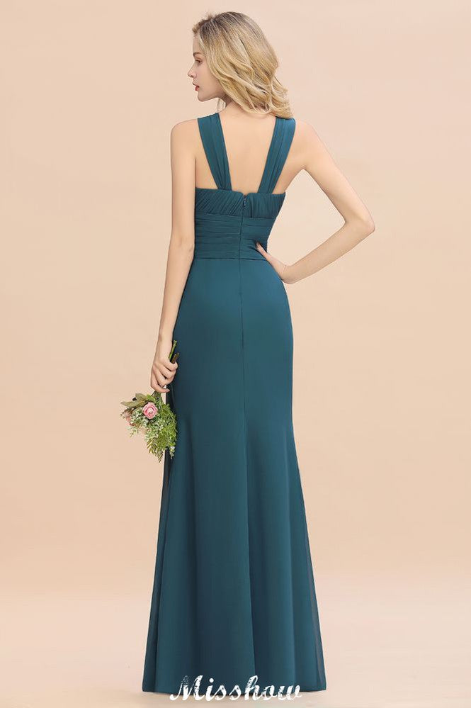 Halter A-line Bridesmaid Dresses Floor-Length Dress for Wedding Party-misshow.com