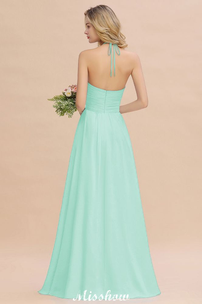 Halter Backless Beach Bridesmaid Dress Chiffon Garden Wedding Party Dress-misshow.com